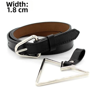 Detail of 1.8cm wide slim black leather belt featuring a silver triangle buckle design