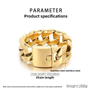 Detail view of 29mm heavy polished gold Cuban link bracelet with 230mm length specs