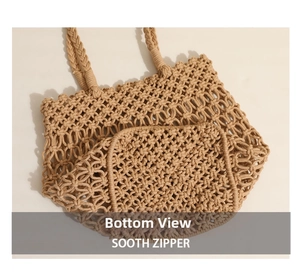 Detailed view of the hollow-out base and woven texture on a cotton rope beach tote