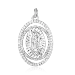 Detailed close-up of a silver Virgin Mary pendant with sparkling zircon frame
