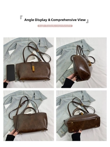 Detailed multi-angle views of brown oil wax leather bucket bag with gold metal hardware