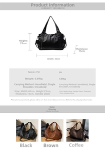 Detailed size chart for large PU leather tote bag with measurements and specifications
