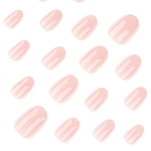 Glossy nude pink gradient press-on nails in various sizes for a minimalist French look