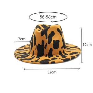 Detailed view of yellow leopard print fedora hat with precise size measurements