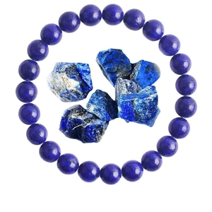 Lapis Lazuli 8mm round bead bracelet with natural raw stones on a white background