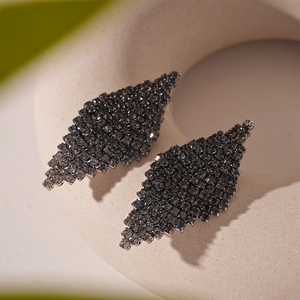 Vintage geometric rhombus stud earrings with black rhinestones and silver pins