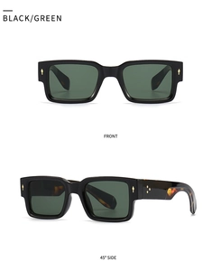 Front and 45-degree side view of vintage square sunglasses with metal arrow accents