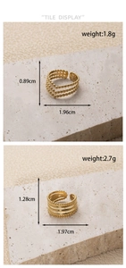 Detail of adjustable gold multilayer rings with dimensions and weights on stone