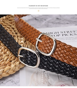 Detailed view of woven PU leather belts in brown and black with silver square buckles