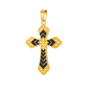 Detail eines goldenen Kreuzanhängers mit schwarzen Chevron-Mustern und Metalleffekt
