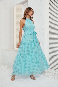 Light blue tiered mesh maxi dress with halter neck, plaid texture and waist tie detail