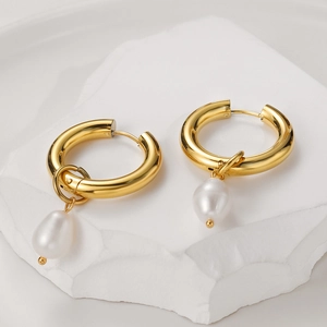 Baroque gold-plated stainless steel hoop earrings with elegant drop pearl charms