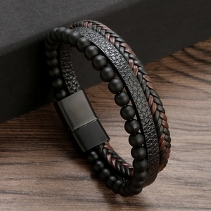 Men Multi-layer Bracelet Obsidian Beads Braided Leather Magnetic Clasp Vintage Handmade Jewelry Casual Accessory