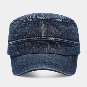 Classic dark blue washed denim cadet hat with vintage distressed finish and flat top