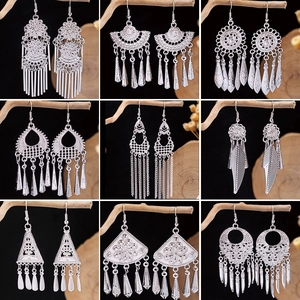 Vintage Bohemian Tassel Dangle Earrings Ethnic Hollow Flower Silver Color Alloy Jewelry For Women