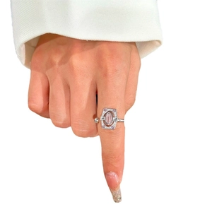 Vintage geometric stainless steel ring with rectangle pink stone and clear crystals