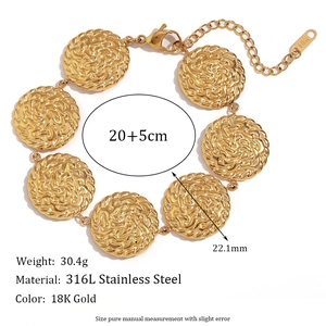 Elegante bracciale in acciaio inossidabile placcato oro 18K con dischi tondi martellati