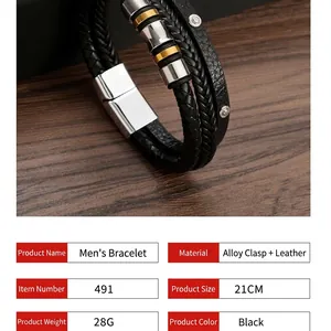 Men's braided black leather bracelet with silver magnetic clasp and alloy beads