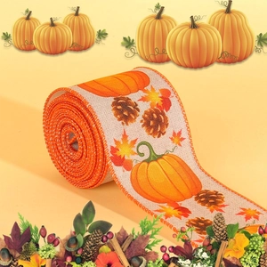 Detail of harvest ribbon featuring pumpkins and maple leaves on beige faux linen