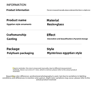 Detailed specifications of the Egyptian style resin pyramid storage box and decor