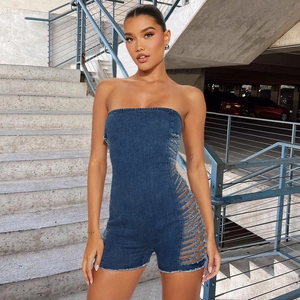 Combinaison Jean Bustier Sexy Femme Découpes Latérales Fermeture Éclair Dos Mini Romper Streetwear Bleu