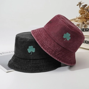 Vintage Washed Cotton Bucket Hat With Clover Shamrock Embroidery Sun Protection Foldable Outdoor Fisherman Hat Men Women