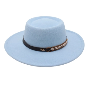 Light blue flat top felt fedora hat with wide brim and leather band ethnic buckle