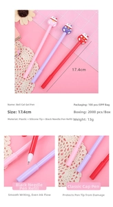 Detail view of pink and purple cartoon cat gel pens with 0.5mm black ink tips