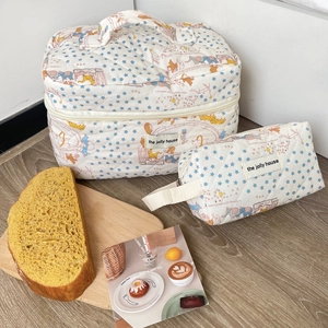 Quilted circus pattern makeup bag and pouch set featuring stars and animal illustrations
