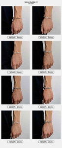 Size guide for iced out tennis bracelets showing 3mm to 6mm widths in gold and silver