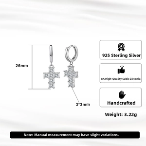 Detail showing S925 sterling silver cross earrings dimensions and 8A cubic zirconia stones