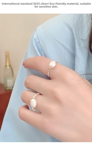 Macro view of S925 sterling silver beaded ring with natural pearl for sensitive skin
