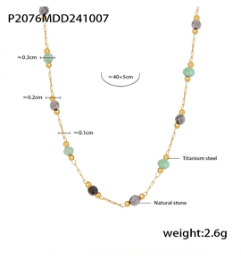 Detailed view of titanium steel gold necklace with natural stone beads and size specs
