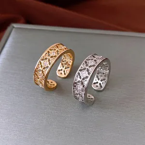 Bague Fleur Évidée Cuivre Zircon Ouvert Réglable Vintage Filigrane Bijoux De Mode Exquis Pour Femmes