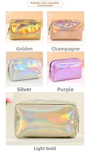 Detailed comparison of laser iridescent makeup bags in gold, silver, purple, and champagne