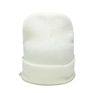 Detail of white striped knit beanie showing vertical ribbed texture and wide folded cuff