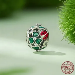 S925 sterling silver hollow charm bead with green clover and red ladybug enamel