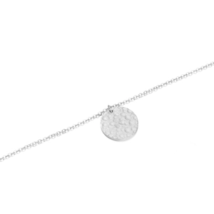 Minimalist silver geometric 13mm hammered pendant necklace on a sleek white background