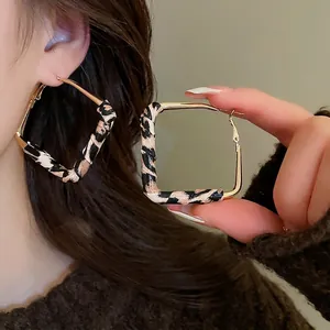 Chic gold square hoop earrings wrapped in vintage leopard print fabric for women