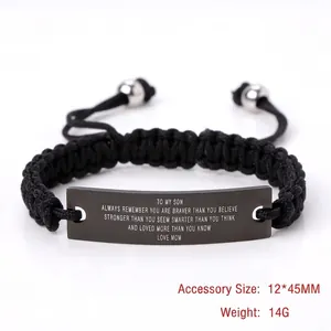 Hand-woven black cord bracelet for men with engraved stainless steel plate and motivational text