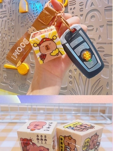 Detail of Capybara cube keychain with PU leather strap and creative text on car keys