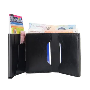 Slim men's black leather wallet with automatic aluminum pop-up card case and cash slot