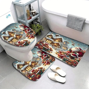 Detail view of 3-piece Christmas bathroom mat set with Santa and reindeer scenery