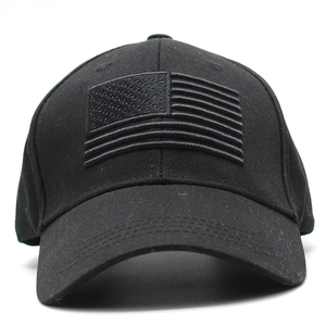 Close-up of black cotton twill baseball cap with tactical US flag embroidery detail