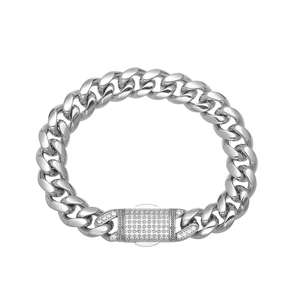 Silver Cuban link bracelet with iced-out zirconia clasp in polished stainless steel