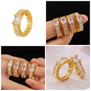 Detailed four-way view showing gold plated square cut zircon ring with geometric band