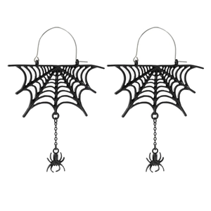 Macro shot of black gothic spider web earrings with hanging spider tassel detail