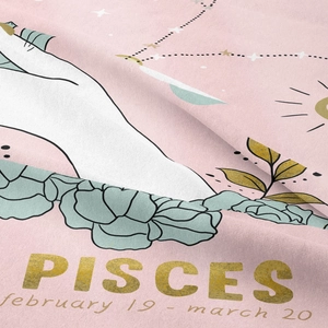 Close-up of pink Pisces tapestry showing woven texture, stars and floral design