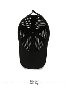 Interior view of black breathable mesh baseball cap showing reinforced seams and panels