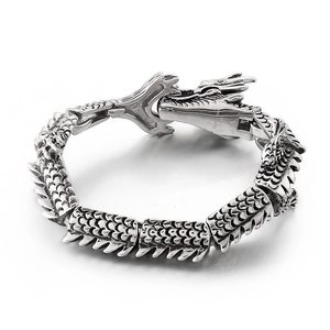 Vintage stainless steel dragon scale bracelet with punk style dragon head clasp in silver